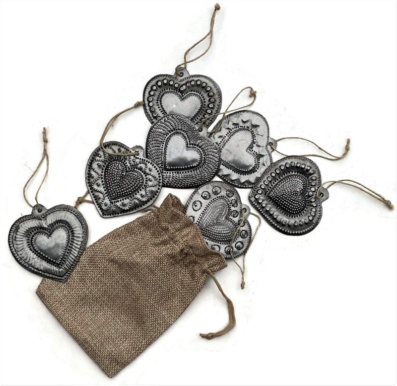 It's Cactus Sacred Hearts Set of 7, Silver Bronze Metal Heart Collection, Handmade in Haiti, Decorative Hanging Ornaments 2.5 X 2.5 Inches - Image 1